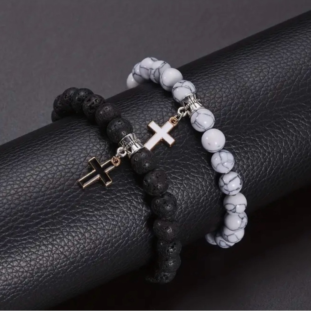 Men's Simple Fashionable Black Volcanic Stone Beaded Cross Bracelet